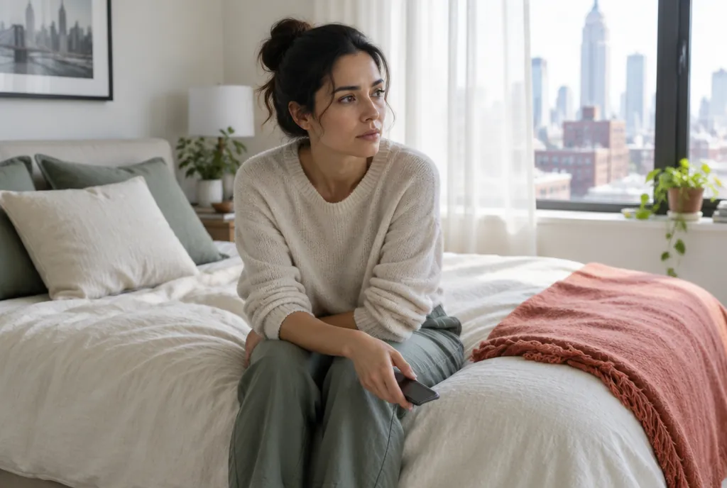 A woman sitting on the edge of her bed in the morning, holding her phone and thinking