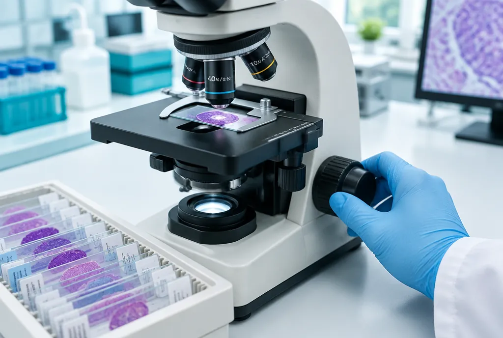 A pathology slide under a microscope beside a tray of stained tissue slides