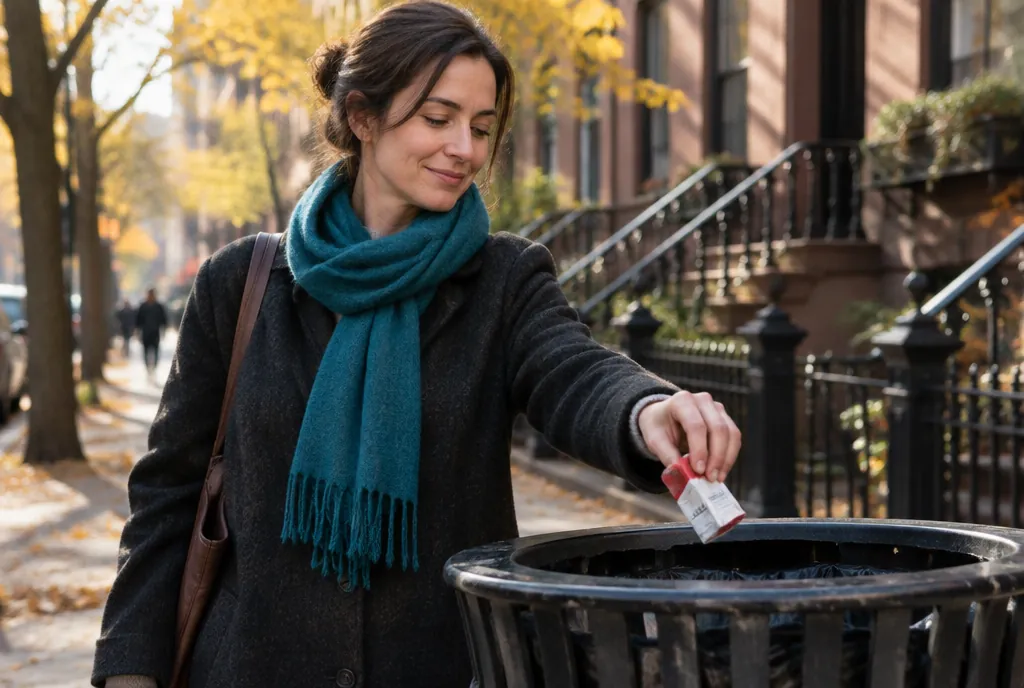 A woman in a teal scarf dropping a cigarette pack into a street bin on a tree-lined New York block
