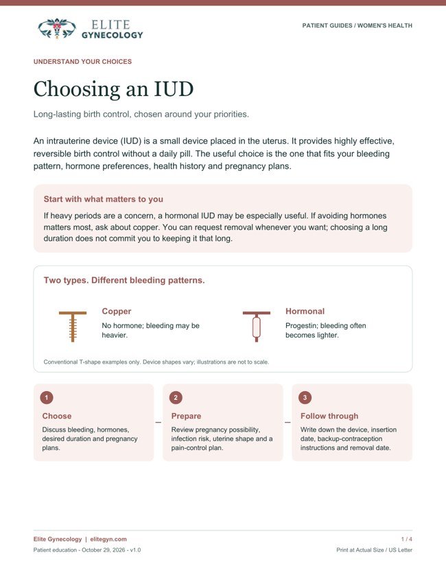 Illustrated opening page of Choosing an IUD; download the PDF to print