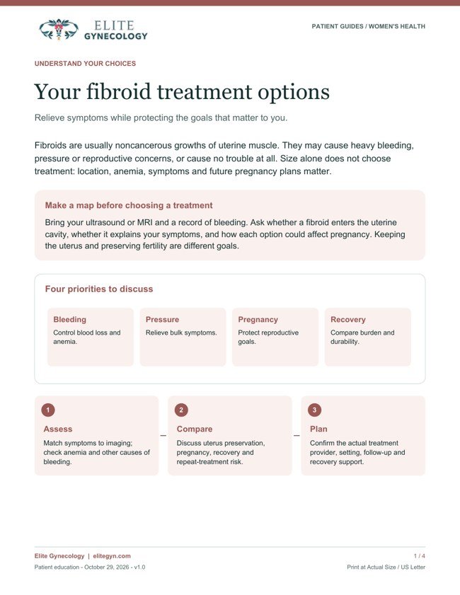 Illustrated opening page of Your fibroid treatment options; download the PDF to print
